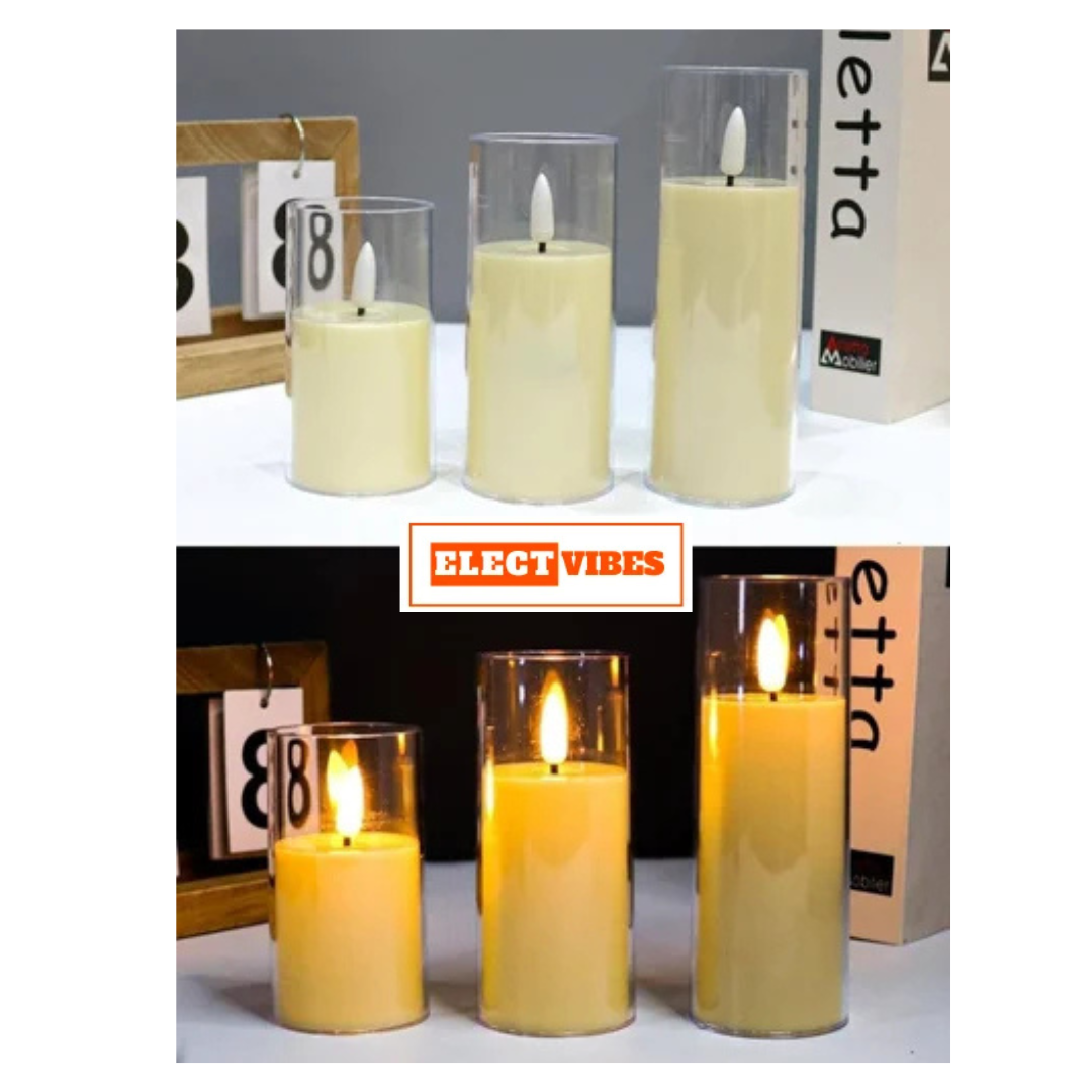 ELECTVIBES Wicked Glass T-Light Candle Flameless LED Pillar Candles with Clear Glass Effect Cover (Set of 3) – Battery Operated Flickering Candle Lights for Home, Parties, Weddings & Decoration (PACK OF 1) - Image 7