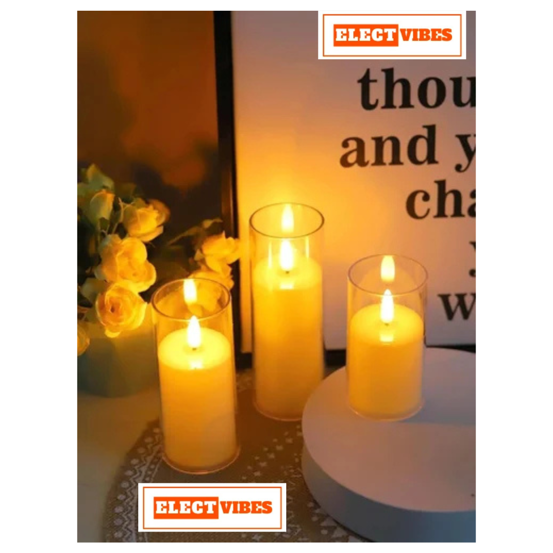 ELECTVIBES Wicked Glass T-Light Candle Flameless LED Pillar Candles with Clear Glass Effect Cover (Set of 3) – Battery Operated Flickering Candle Lights for Home, Parties, Weddings & Decoration (PACK OF 1) - Image 8