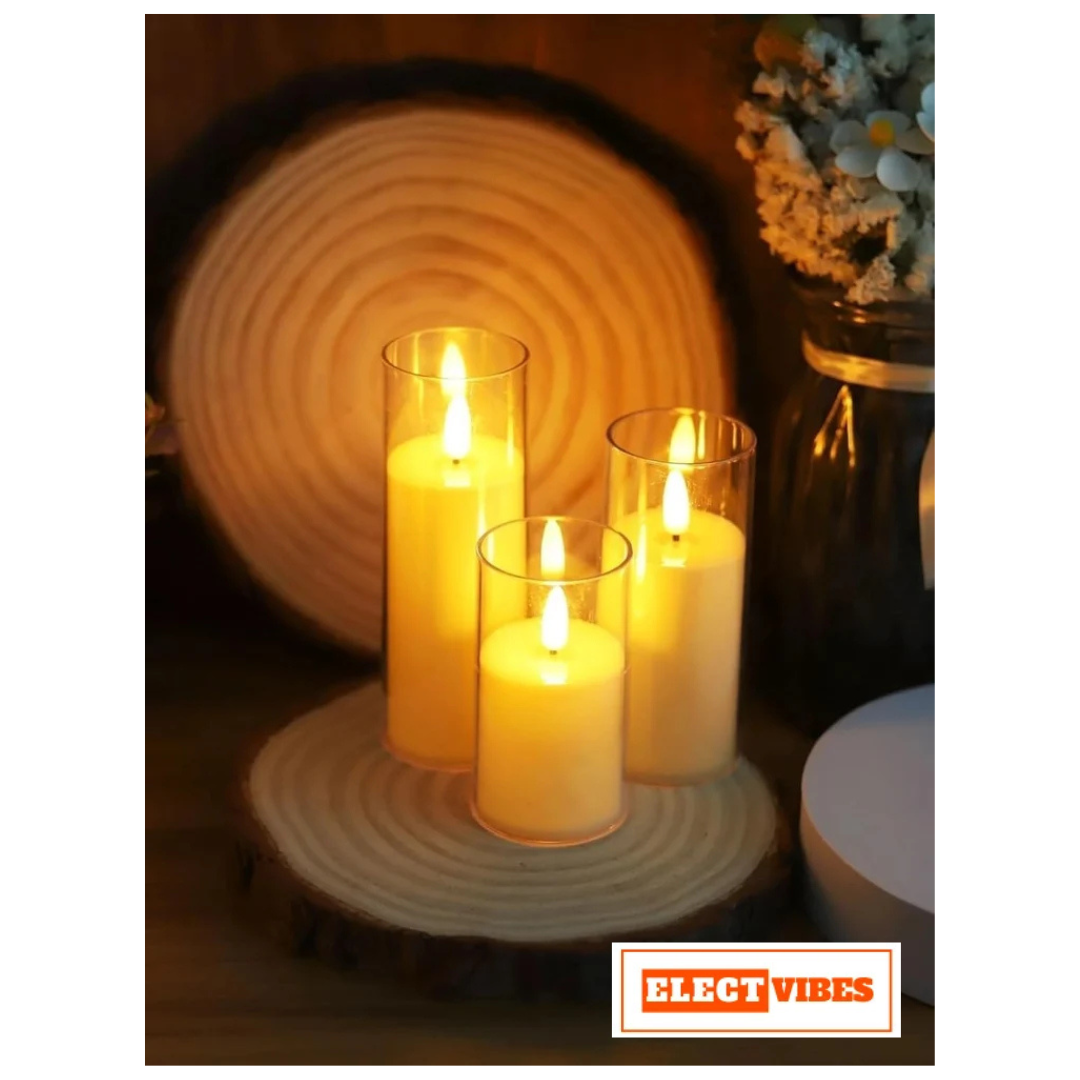 ELECTVIBES Wicked Glass T-Light Candle Flameless LED Pillar Candles with Clear Glass Effect Cover (Set of 3) – Battery Operated Flickering Candle Lights for Home, Parties, Weddings & Decoration (PACK OF 1) - Image 9
