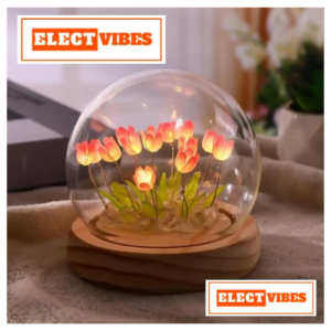 ELECTVIBES Tulip LED Night Light Glass Table Lamp with 10 Pink Flowers, Soft Glow for Home & Gifts (PACK OF 1)