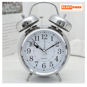 ELECTVIBES Vintage Brass Twin Bell Table Top Alarm Clock with LED Night Light Display - Ideal for Bedroom, Heavy Sleepers, Adults, Kids and Students (Silver) (PACK OF 1)