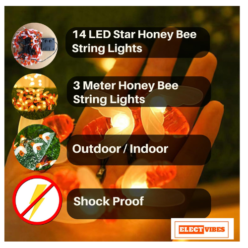 ELECTVIBES Honey Bee String Light 14 Led, 3 Meter With Plug in Warm White, Honey Bee String Fairy Lights – Battery Powered, Waterproof Decorative Lights for Home, Diwali, Christmas, Halloween & Party Décor |Warm White (Pack of 1) - Image 8