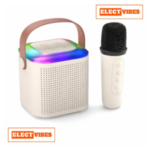 ELECTVIBES Portable Bluetooth Speaker 10W with Wireless Karaoke Mic, Bluetooth 5.1, 8H Playtime, 5 Voice Change Effects, RGB LED Lights, TF Card Support, Type-C Charging - Cream Color (PACK OF 1)