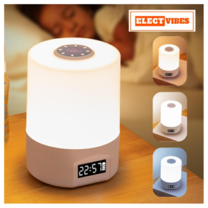 ELECTVIBES LED Touch Table Lamp with Built-in Clock – Rechargeable Oval-Shaped, Dimmable 3-Color Night Light with Time Setting Option at Back for Bedroom, Office & Home Décor (PACK OF 1)