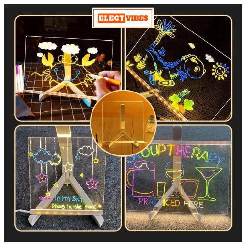 ELECTVIBES LED Acrylic Writing Board with Light & 7 Pens | 15x15 cm DIY 3D Rewritable Message Pad | Personalized Night Lamp & Display Board for Home, Office Desk, Kids & Gifts (PACK OF 1) - Image 9