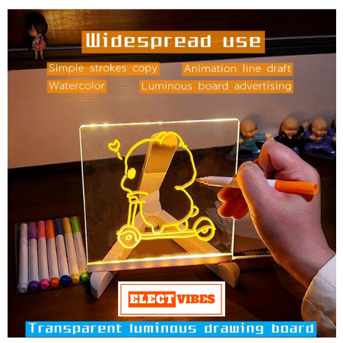 ELECTVIBES LED Acrylic Writing Board with Light & 7 Pens | 15x15 cm DIY 3D Rewritable Message Pad | Personalized Night Lamp & Display Board for Home, Office Desk, Kids & Gifts (PACK OF 1) - Image 3