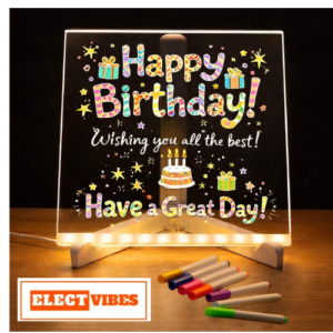 ELECTVIBES LED Acrylic Writing Board with Light & 7 Pens | 15x15 cm DIY 3D Rewritable Message Pad | Personalized Night Lamp & Display Board for Home, Office Desk, Kids & Gifts (PACK OF 1)