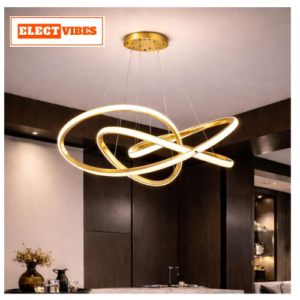 ELECTVIBES Modern Gold LED Twisted Pendant Chandelier Light – Tricolour (Warm, Cool & Natural White) – Double Curl Design Ceiling Light for Kitchen, Dining, Living Room – Fancy Hanging Light (PACK OF 1)