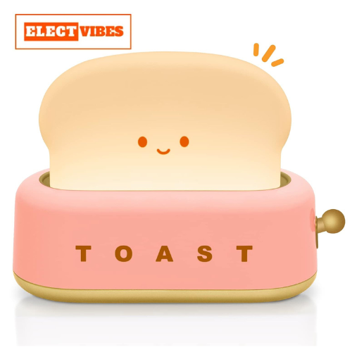 ELECTVIBES Plastic Cute Toast Night Lamp for Kids | Rechargeable LED Bedside Table Light with Smile Face | Kawaii Desk Lamp for Bedroom, Nursery, Study & Gift Décor Pink (PACK OF 1)