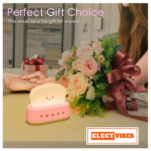ELECTVIBES Plastic Cute Toast Night Lamp for Kids | Rechargeable LED Bedside Table Light with Smile Face | Kawaii Desk Lamp for Bedroom, Nursery, Study & Gift Décor Pink (PACK OF 1) - Image 3
