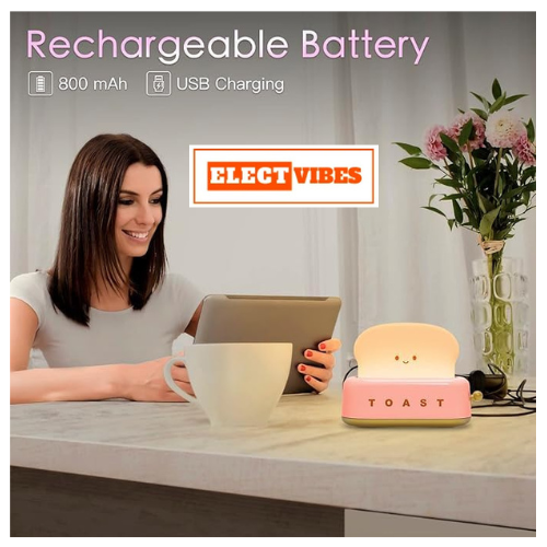 ELECTVIBES Plastic Cute Toast Night Lamp for Kids | Rechargeable LED Bedside Table Light with Smile Face | Kawaii Desk Lamp for Bedroom, Nursery, Study & Gift Décor Pink (PACK OF 1) - Image 4