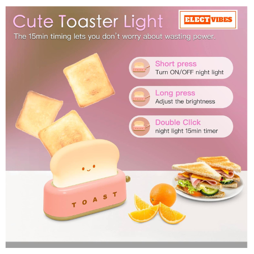 ELECTVIBES Plastic Cute Toast Night Lamp for Kids | Rechargeable LED Bedside Table Light with Smile Face | Kawaii Desk Lamp for Bedroom, Nursery, Study & Gift Décor Pink (PACK OF 1) - Image 6