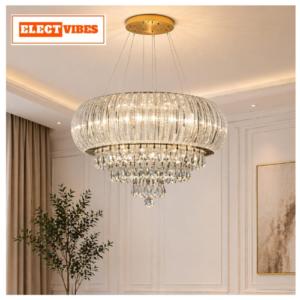 ELECTVIBES RoyalGlaze Crystal Chandelier Ceiling Light Tricolor LED (Warm White, Cool White, Neutral) Switch Control Luxury Hanging Chandelier for Living Room, Hall, Dining Area & Hotel Déco (PACK OF 1)