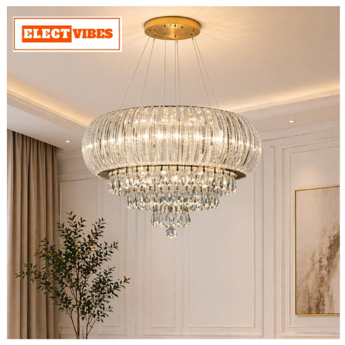 ELECTVIBES RoyalGlaze Crystal Chandelier Ceiling Light Tricolor LED (Warm White, Cool White, Neutral) Switch Control Luxury Hanging Chandelier for Living Room, Hall, Dining Area & Hotel Déco (PACK OF 1)