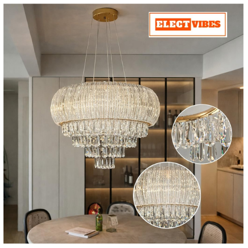 ELECTVIBES RoyalGlaze Crystal Chandelier Ceiling Light Tricolor LED (Warm White, Cool White, Neutral) Switch Control Luxury Hanging Chandelier for Living Room, Hall, Dining Area & Hotel Déco (PACK OF 1) - Image 7