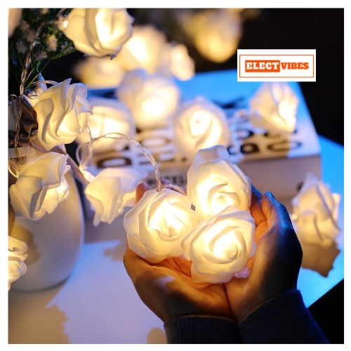 ELECTVIBES Rose Flower String lights White Ac Plug-In Powered 14 LED,3 Meter Rose Flower LED String Fairy Light – 14 LED 3-Meter Night Light for Home Decor, Bedroom & Indoor/Outdoor Use, Romantic Decor, Valentine Day Gift, Love Gift for Her, Couple Gift ( WHITE )(PACK OF 1) - Image 3