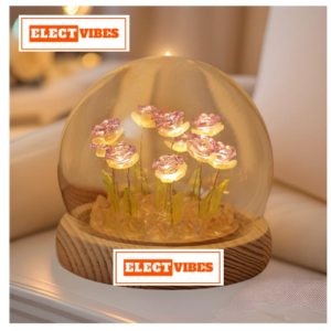 ELECTVIBES Rose LED Night Lamp with Wooden Base Circle Shape, 9 Artificial Dual Shade Flowers Purple & White, Table Decoration Light for Bedroom, Party & Birthday (PACK OF 1)