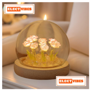 ELECTVIBES Rose LED Crystal Night Lamp with Wooden Base Circle Shape, 9 Artificial Dual Color Roses Shade Flowers Pink & White, Table Decoration Light for Bedroom, Party & Birthday (Pink & White) (PACK OF 1)
