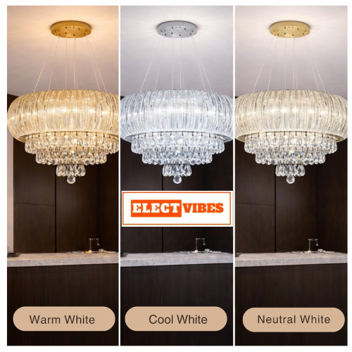 ELECTVIBES RoyalGlaze Crystal Chandelier Ceiling Light Tricolor LED (Warm White, Cool White, Neutral) Switch Control Luxury Hanging Chandelier for Living Room, Hall, Dining Area & Hotel Déco (PACK OF 1) - Image 2