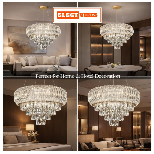 ELECTVIBES RoyalGlaze Crystal Chandelier Ceiling Light Tricolor LED (Warm White, Cool White, Neutral) Switch Control Luxury Hanging Chandelier for Living Room, Hall, Dining Area & Hotel Déco (PACK OF 1) - Image 3