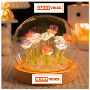 ELECTVIBES Rose LED Night Lamp | Wooden Base Round Table Light with 9 Dual-Shade Artificial Flowers Multi & White | Decorative Night Light for Bedroom, Home Décor, Party & Gift (PACK OF 1)