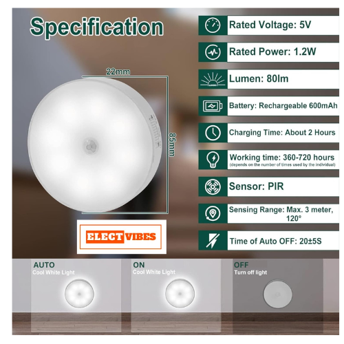 ELECTVIBES Motion Sensor Light for Home with USB Charging Self Adhesive Led Nightlight Rechargeable Body Sensor Wall Light for Bedroom, Stairs (Cool White,) – Plastic (PAKC OF 1)) - Image 25