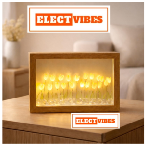ELECTVIBES Square Tulip LED Night Lamp – Battery-Operated Square Lamp with 19 Lemon Yellow Artificial Tulip Flowers | Soft Ambient Light for Birthday, Room Decor, Bedroom & Gifts (PACK OF 1)
