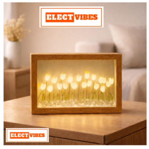 ELECTVIBES Square Tulip LED Night Lamp – Battery-Operated Square Lamp with 19 WHITE  Artificial Tulip Flowers | Soft Ambient Light for Birthday, Room Decor, Bedroom & Gifts (PACK OF 1)