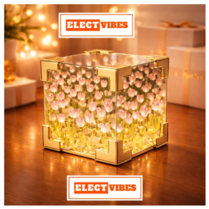 ELECTVIBES Tulip Glow Cube LED Night Lamp | Pre-Assembled 48-Hour Battery-Powered Cube Light with 16 PINK Tulip Flowers | Plastic & Wood Decorative Night Light for Bedroom, Festivals & Gifts (PACK OF 1)