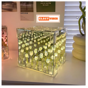 ELECTVIBES Tulip Glow Cube LED Night Lamp | Pre-Assembled 48-Hour Battery-Powered Cube Light with 16 Blue Tulip Flowers | Plastic & Wood Decorative Night Light for Bedroom, Festivals & Gifts (PACK OF 1)