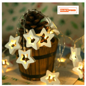 ELECTVIBES Wooden Star LED String Fairy Light 3M, 16 LED Battery Powered Christmas Decor for Diwali Christmas, Birthdays, Party, Festival Decoration, Corded Electric WARM WHITE (PACK OF 1)