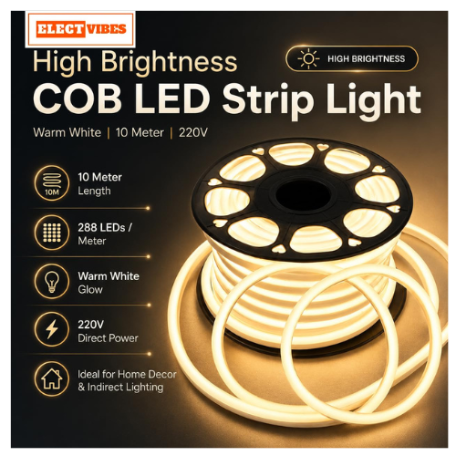 ELECTVIBES 10 Meter Warm White LED Strip Light, 288 LEDs Per Meter, 220V COB Dotless, Uniform, Bright, Waterproof, Flexible, Cuttable Strip for Indoor Outdoor Wall Decor, Home, Shop, Party & Festival (PACK OF 1) - Image 6