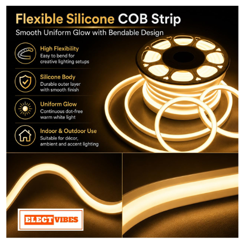 ELECTVIBES 10 Meter Warm White LED Strip Light, 288 LEDs Per Meter, 220V COB Dotless, Uniform, Bright, Waterproof, Flexible, Cuttable Strip for Indoor Outdoor Wall Decor, Home, Shop, Party & Festival (PACK OF 1) - Image 5