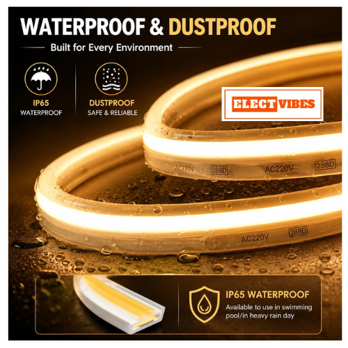 ELECTVIBES 10 Meter Warm White LED Strip Light, 288 LEDs Per Meter, 220V COB Dotless, Uniform, Bright, Waterproof, Flexible, Cuttable Strip for Indoor Outdoor Wall Decor, Home, Shop, Party & Festival (PACK OF 1) - Image 4