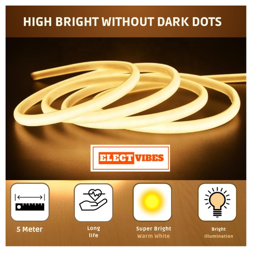 ELECTVIBES 5 Meter Warm White LED Strip Light, 288 LEDs Per Meter, 220V COB Dotless, Uniform, Bright, Waterproof, Flexible, Cuttable Strip for Indoor Outdoor Wall Decor, Home, Shop, Party & Festival (PACK OF 1) - Image 7